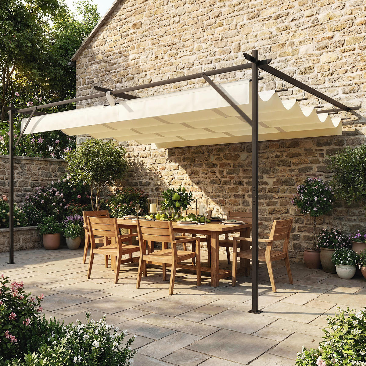 PERGOLA Stahl Polyester Cremeweiß - Creme/Braun, Textil/Metall (297/225/396cm) - Outsunny