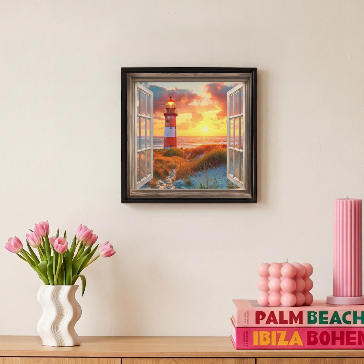 LEINWAND Bilder mit Rahmen - Aussicht - Fenster - Leuchtturm - Sonnenuntergang - Strand - 20x20 - Dunkelorange, Textil (20/20cm) - MuchoWow