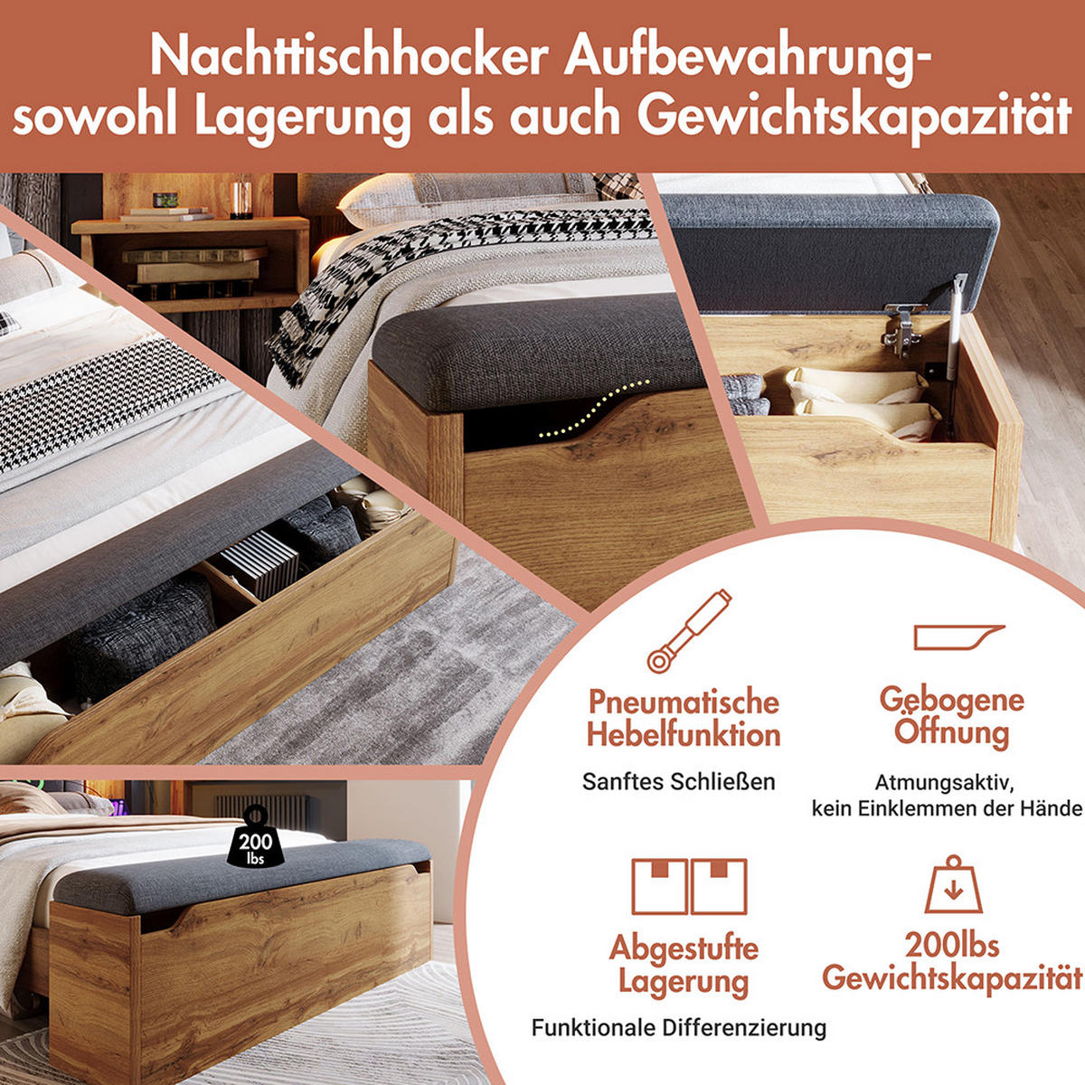 DOPPELBETT 180×200 cm mit Leselampe und USB C in Eiche - Wildeiche, Holz (180/200cm) - KOMHTOM