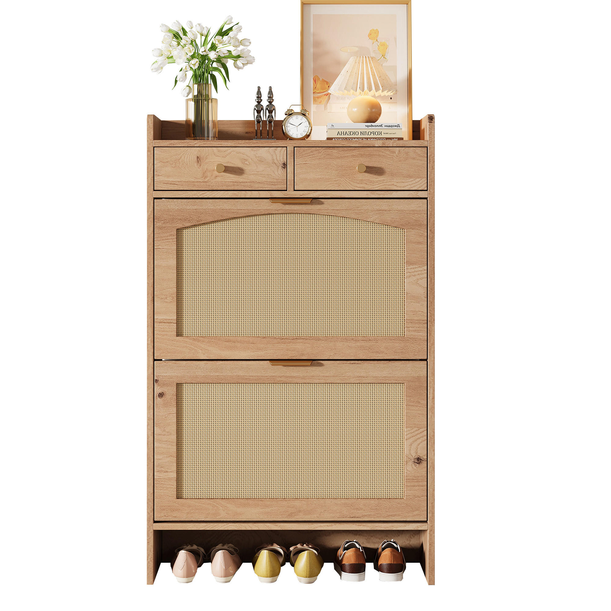 SCHUHSCHRANK 65x25x106cm Holzoptik mit Rattan-Doppeltüren - Naturfarben, Holzwerkstoff (65/106/25cm) - FLIEKS