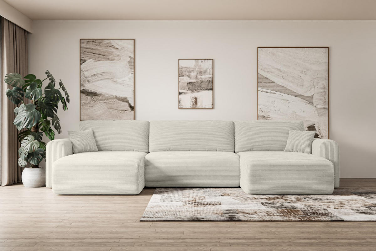 WOHNLANDSCHAFT mit Schlaffunktion und Bettkasten ORRO-U - 362x145x83 cm Creme Cord - Hellgrau/Creme, Holzwerkstoff/Kunststoff (362/83/145cm) - ALTDECOR
