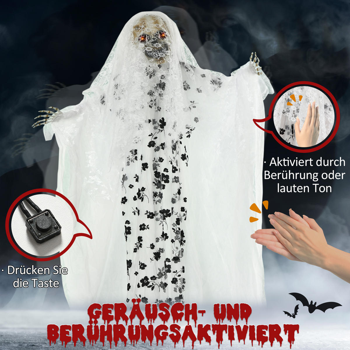 HALLOWEEN HORROR-CLOWN, Weiß, Polyester(100%), PE, PE-Schaumstoff, Stahl, PP - Weiß, Kunststoff (65/178/116cm) - Outsunny