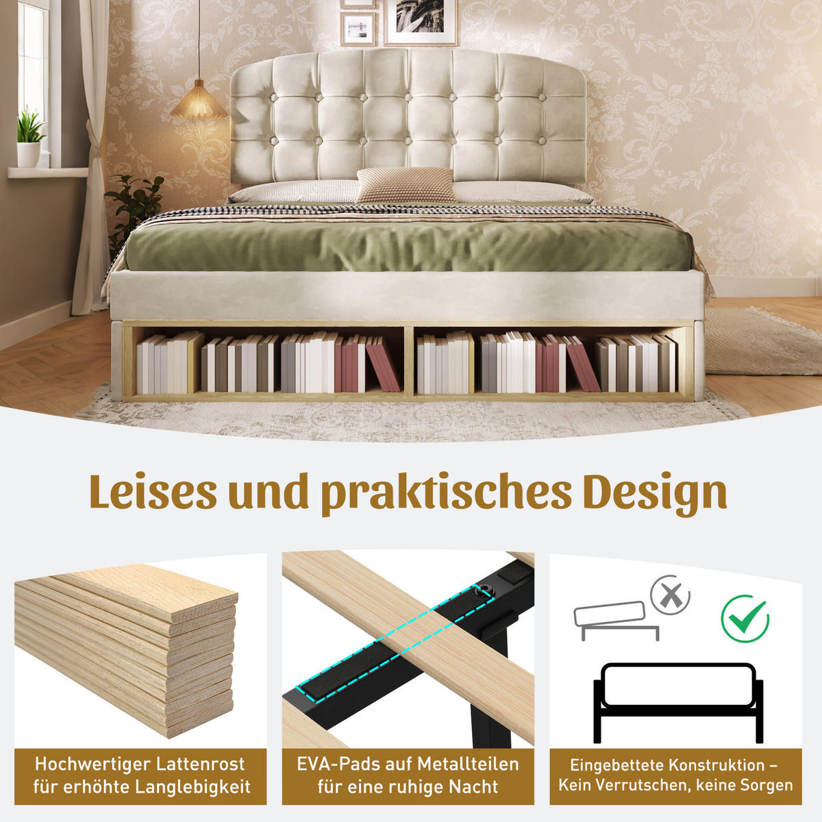 POLSTERBETT 140/190 cm Beige aus Samt mit Schubladen - Beige, Textil (140/190cm) - OKMYHOME