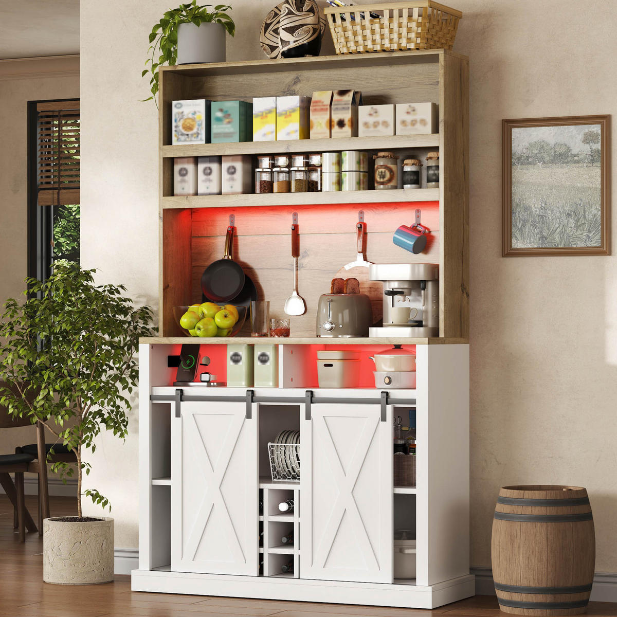 BUFFET 191 cm MDF Natur Weiß mit RGB-LED, USB-Anschluss und Weinregal - Weiß, Holzwerkstoff (40/191/110cm) - Korfee