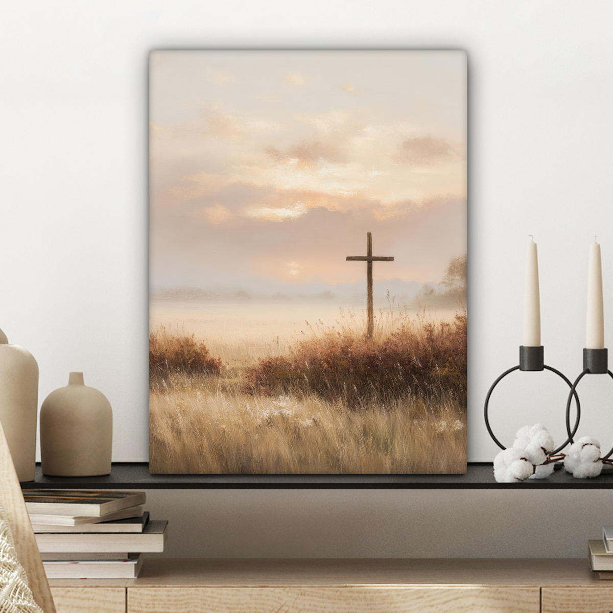 LEINWANDBILD Gras - Morgennebel - Kreuz - Christentum Room Decor 30x40 cm - Beige, Textil (30/40cm) - MuchoWow