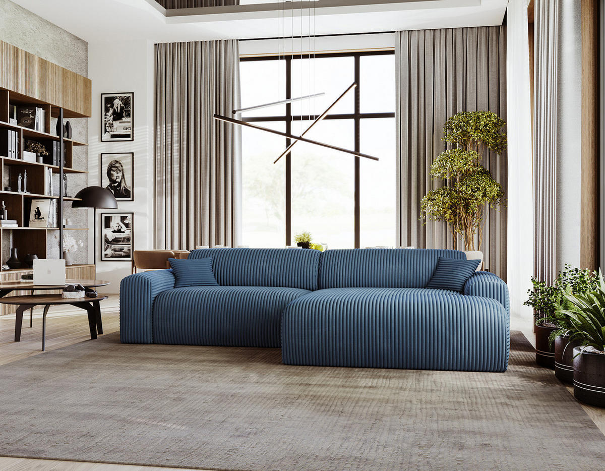 ECKSOFA mit Longchair - Cord - Blaugrau/Schwarz, Kunststoff/Textil (284/178cm) - home24