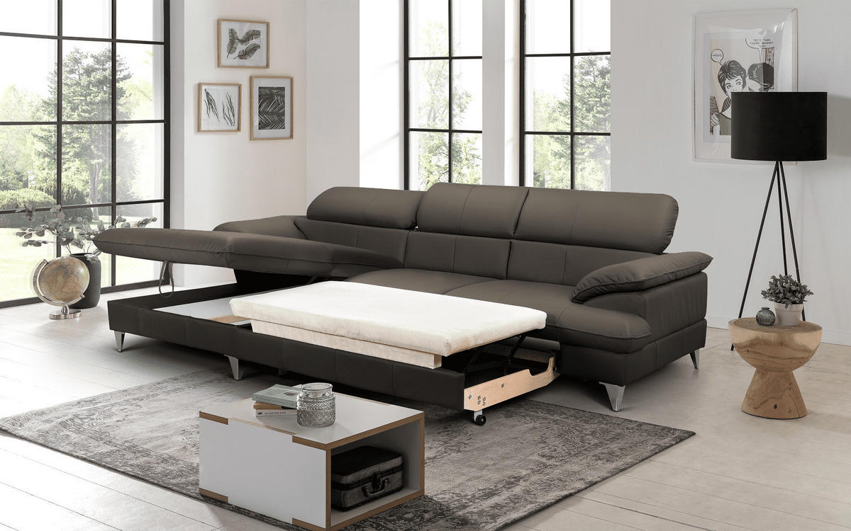 ECKSOFA mit Schlaffunktion und Bettkasten, Echtleder - Chromfarben/Dunkelgrau, Leder/Holz (254/167cm) - Cotta