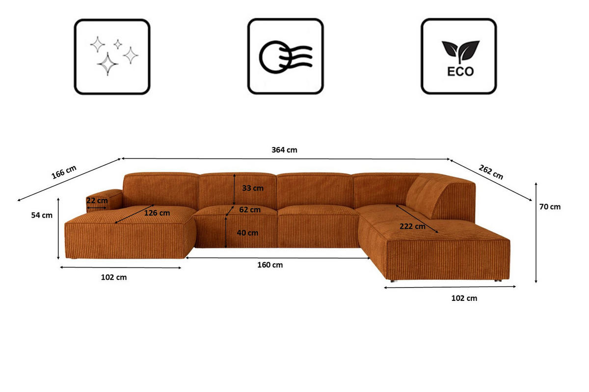 ECKSOFA Cursal V, Stoff Poso, Kupfer, Rechts - Orange, Holz (364/262cm) - Kaiser Möbel