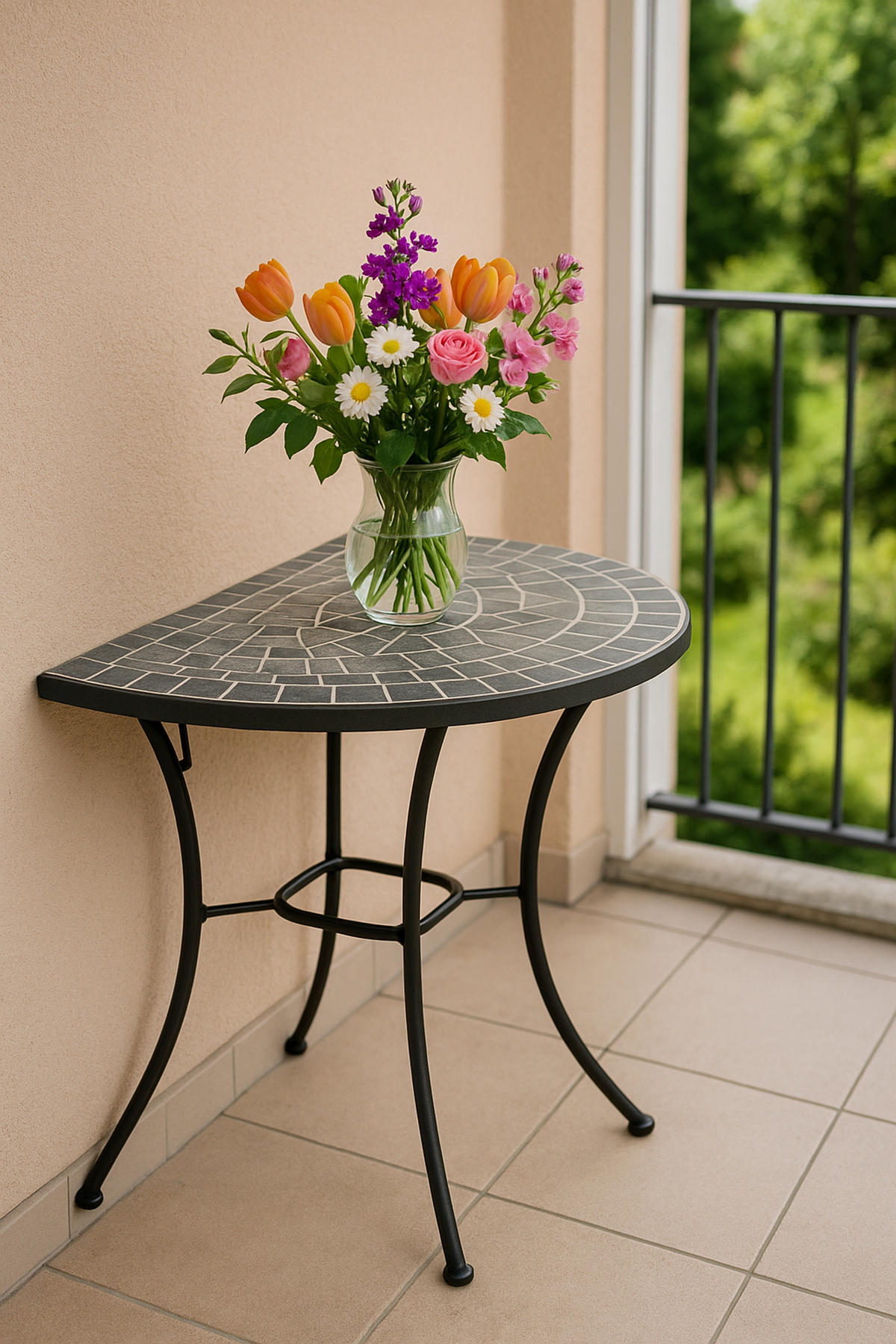 WANDTISCH Derby halbrund mit Mosaik-Tischplatte grau/weiss - Gestell aus schwarz pulverbeschichtetem Eisen - Schwarz, Metall (45/90/75cm) - TPFGarden