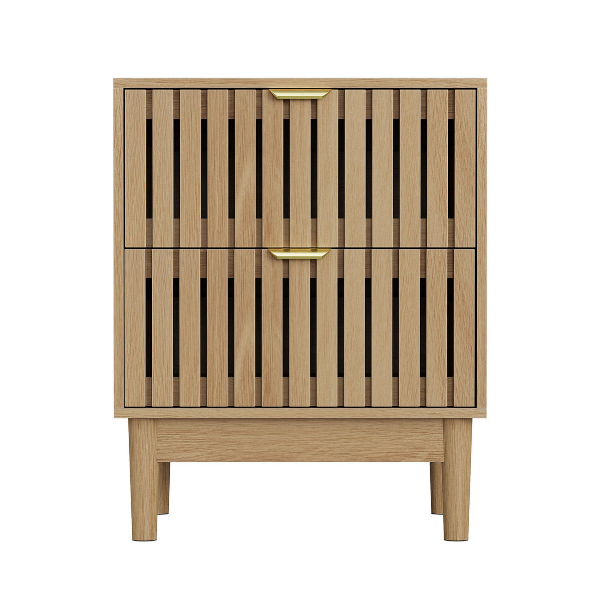 NACHTTISCH eichen-optik & latten-design mit 2 schubladen & goldgriffen - Eichefarben, Holzwerkstoff (45/56.5/39cm) - Urban Meuble