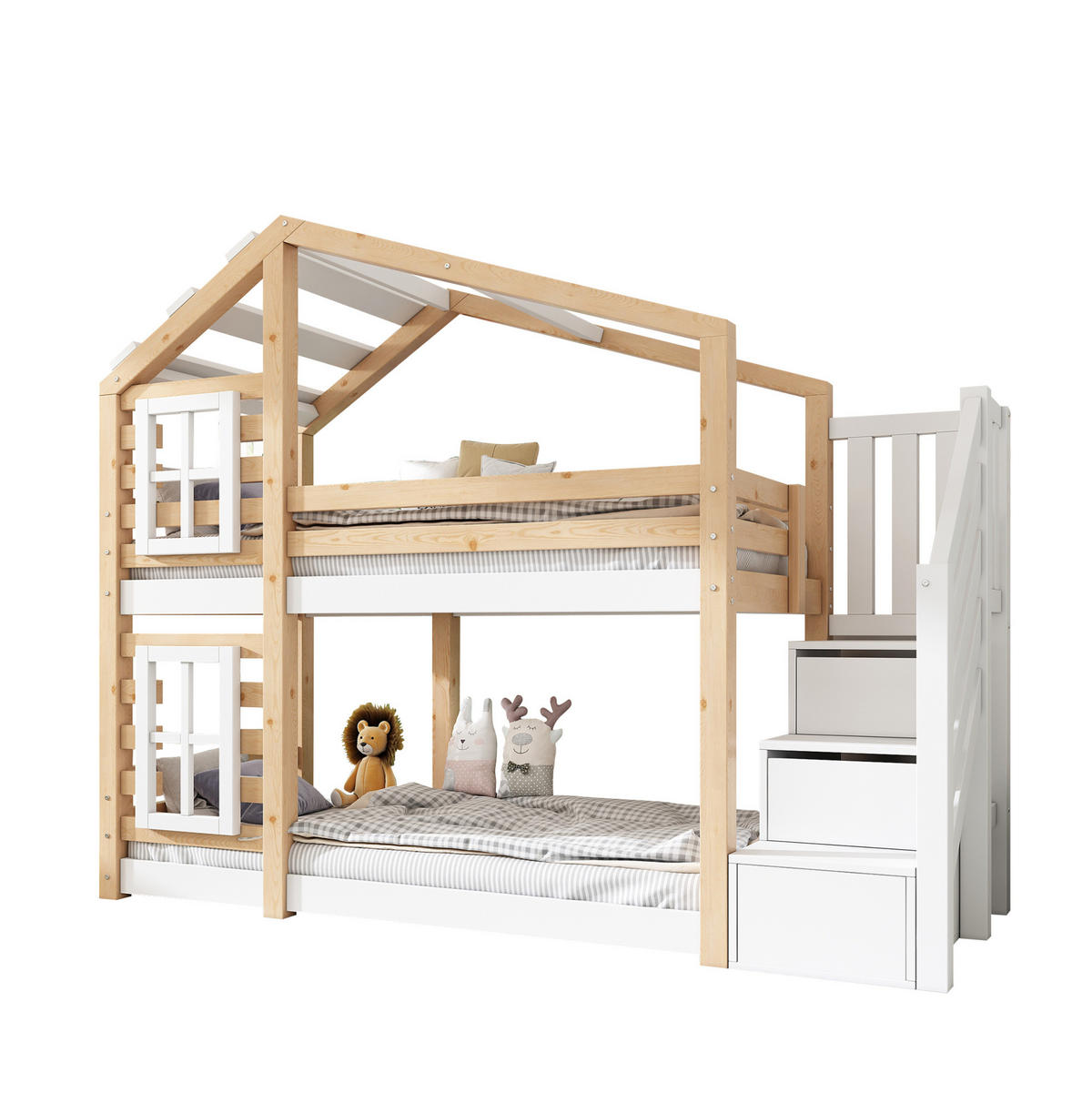 ETAGENBETT Baumhaus 90/200 cm mit Stauraum, Rausfallschutz und Treppenschrank - Naturfarben, Holzwerkstoff (90/200cm) - BEAOK