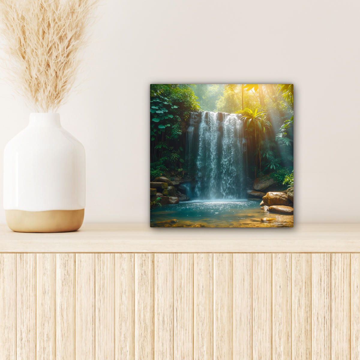 LEINWANDBILD Wasserfall - Dschungel - Sonne - Grün - Natur 20x20 cm - Grün, Textil (20/20cm) - MuchoWow