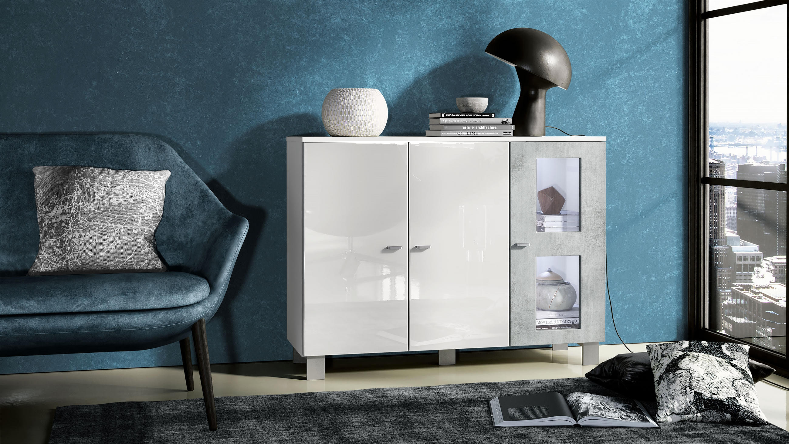 SIDEBOARD Denjo Tür in Beton Oxid Optik - Hellgrau, Holzwerkstoff (107/81/35cm) - Vladon