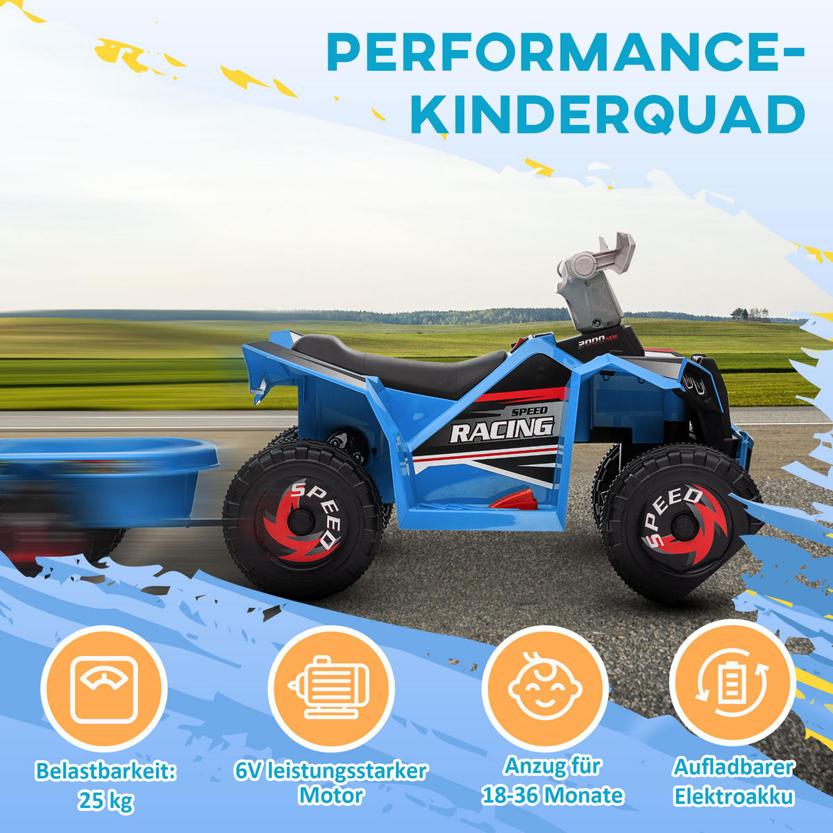 MINI ELEKTRO-QUAD KINDER, Grau+Schwarz+Blau+/Grün/Rot, Kunststoff+ Metall - Blau, Metall (106/41.5/48.5cm) - HOMCOM