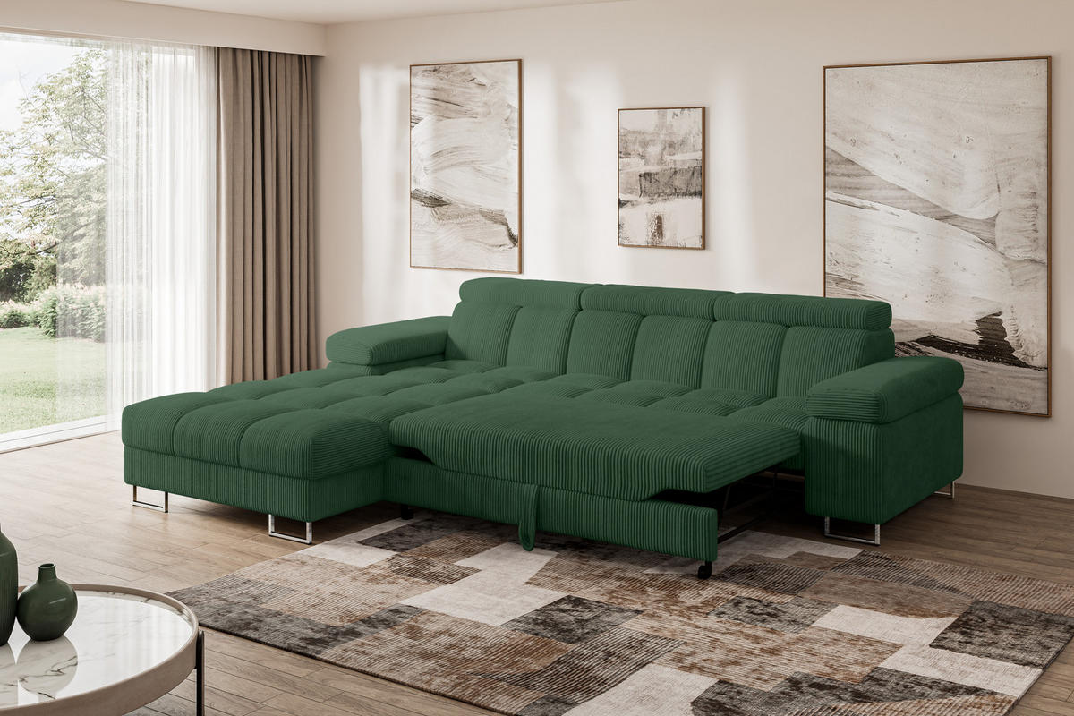 ECKSOFA mit Schlaffunktion Ottomane Links COMA L 271x203x79 Grün Cord - Waldgrün, Holzwerkstoff/Textil (271/203cm) - ALTDECOR