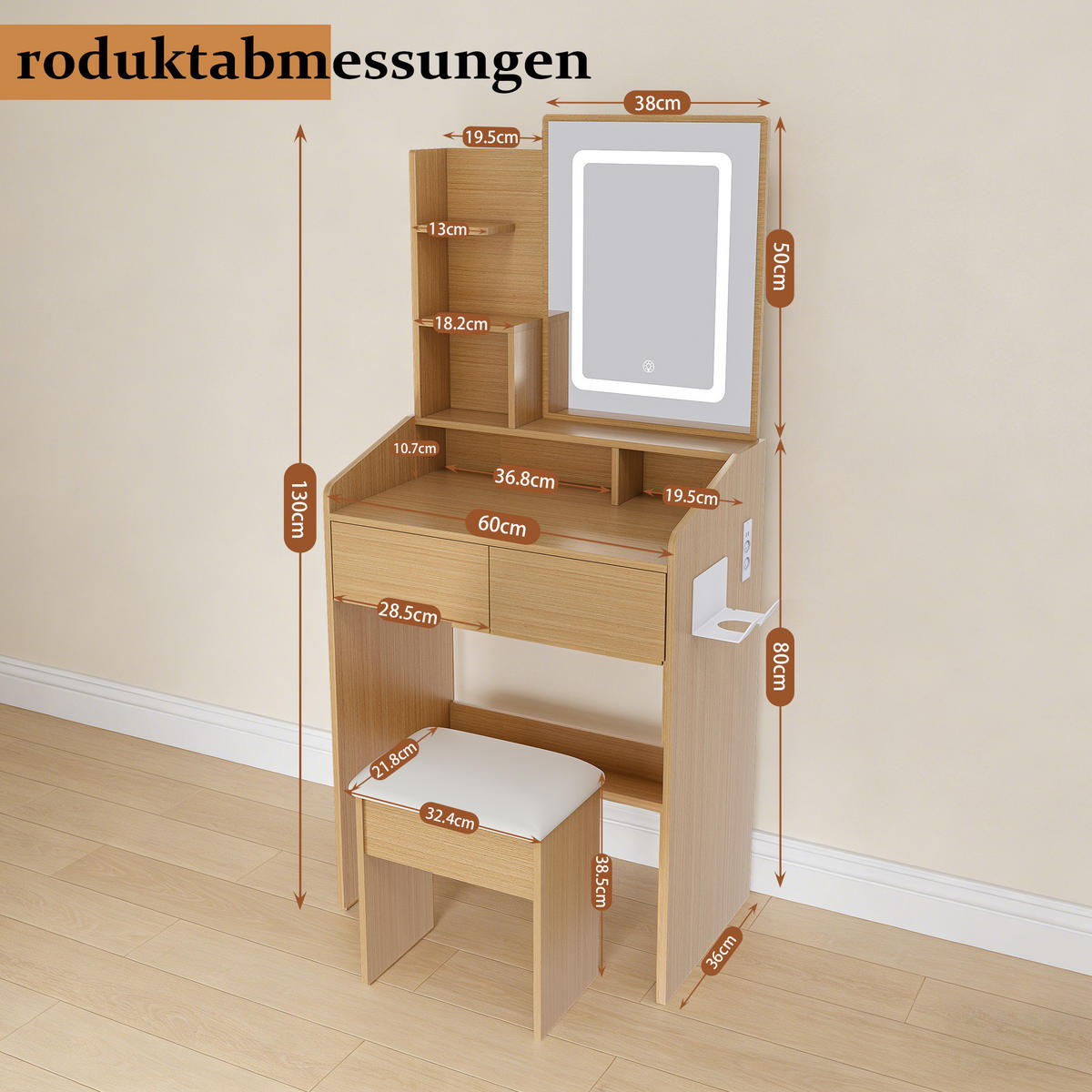 SCHMINKTISCH in Naturfarben Frisiertisch mit Hocker und LED, B60/H130/T36 cm für kleine Schlafzimmer und Wohnungen - Naturfarben, Holzwerkstoff (60/130/36cm) - STILVORA