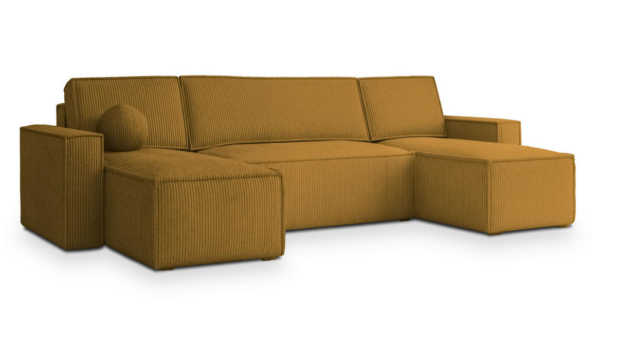 WOHNLANDSCHAFT PESANO P Gelb Kordstoff mit Schlaffunktion - Gelb, Holz (306/85/140cm) - MASSENO