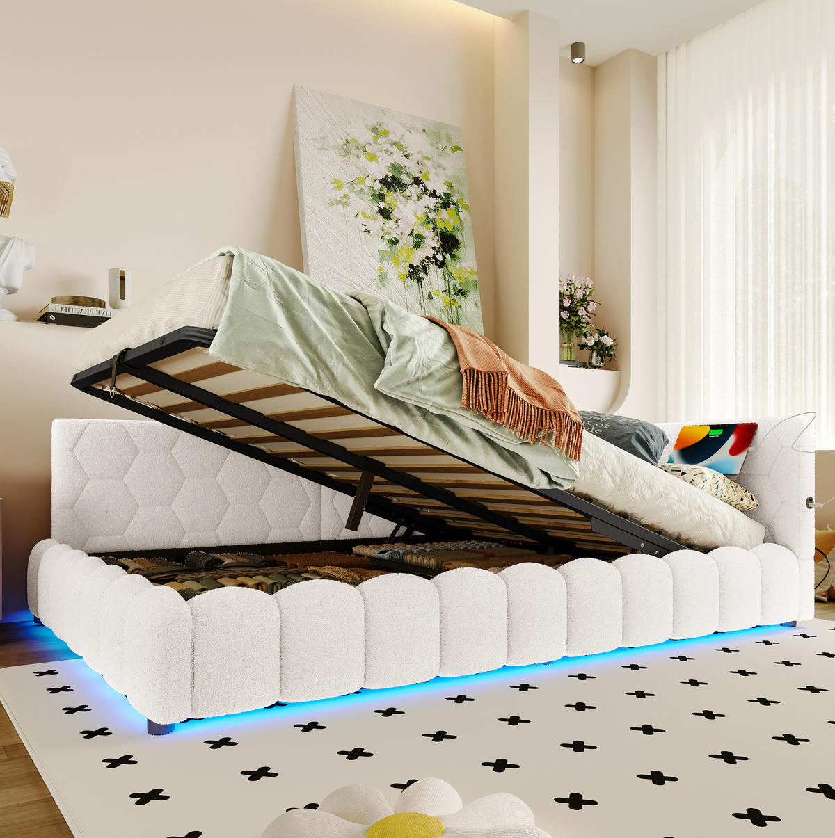 POLSTERBETT 140/200 cm mit Bettkasten, LED-Beleuchtung und USB/Typ-C - Weiß, Textil (140/200cm) - BEAOK