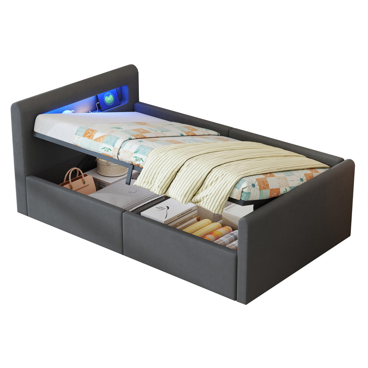 KINDERBETT 90/200 cm aus Samt mit LED-Beleuchtung und Hydraulik-Stauraum Dunkelgrau - Grau, Textil (90/200cm) - Modenvie