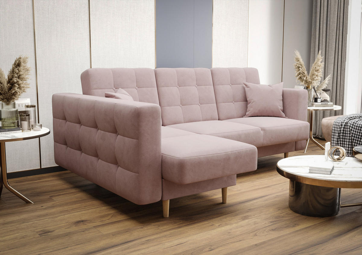 ECKSOFA KONGO RBN12, Eckcouch in L-Form mit Schlaffunktion, Farbe: Rosa, Velourstoff, Ottomane Links - Rosa, Textil (225/158cm) - O-Sofa