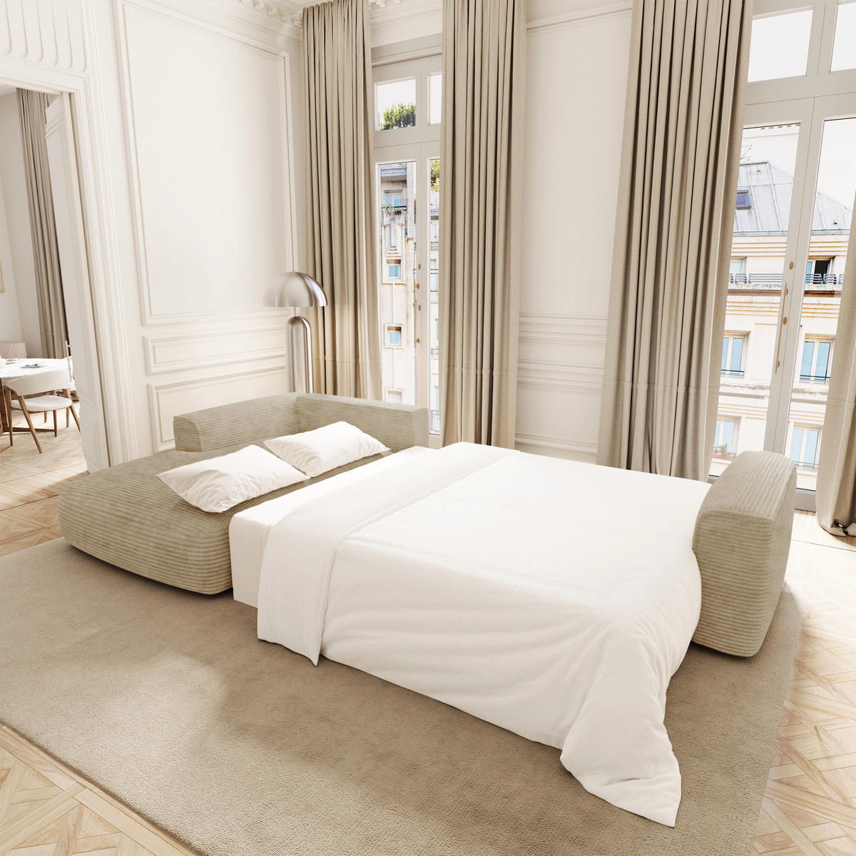 LINKSECK-SCHLAFSOFA mit Stauraum COMO Cord Beige 297cm - Beige, Textil (297/167cm) - Premium Interiors