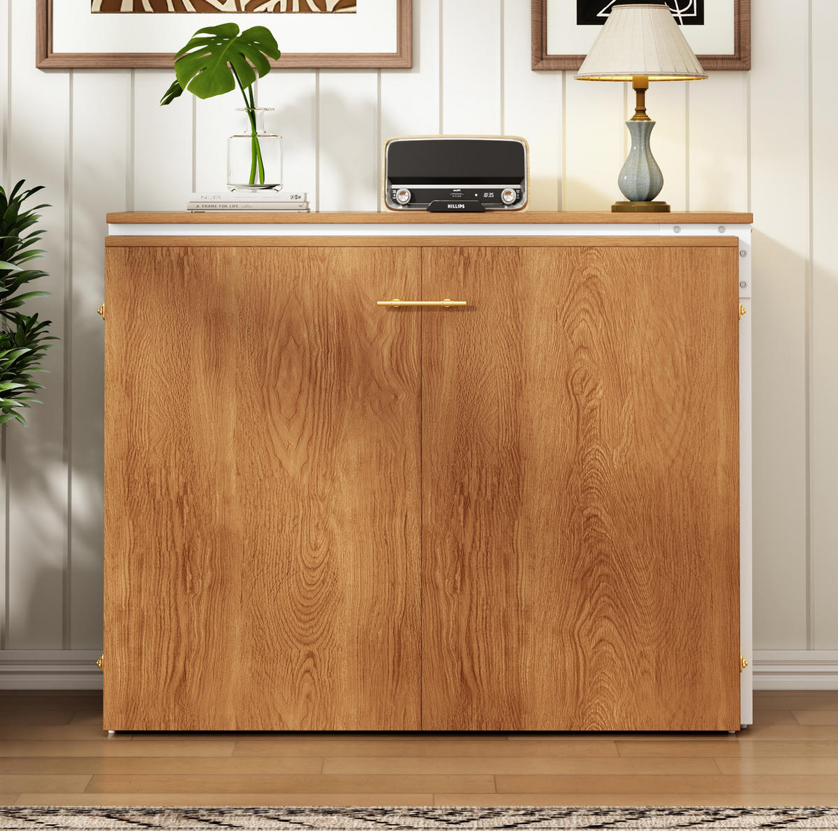 SCHRANKBETT Klappbett 90/200 cm aus Metall und Holz mit drehbarem Schreibtisch und Matratze Weiß/Naturfarben - Naturfarben, Metall (90/200cm) - Modenvie