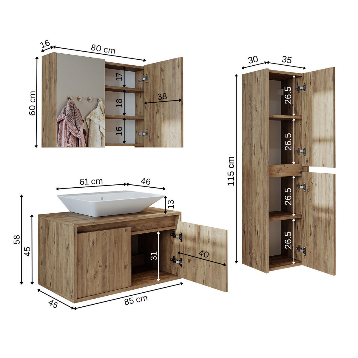 BADMÖBEL Set ATLANTIC-85 4-teilig - Eichefarben, Holzwerkstoff (85/150/45cm) - Roomart