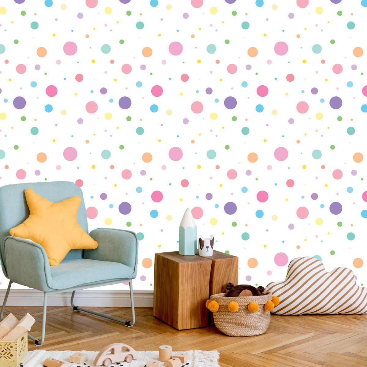 VLIESTAPETE Bunte Pastellpunkte – Bunt, Weiß – 50x1000 cm - Multicolor/Weiß, Papier (50/1000cm) - Muralo