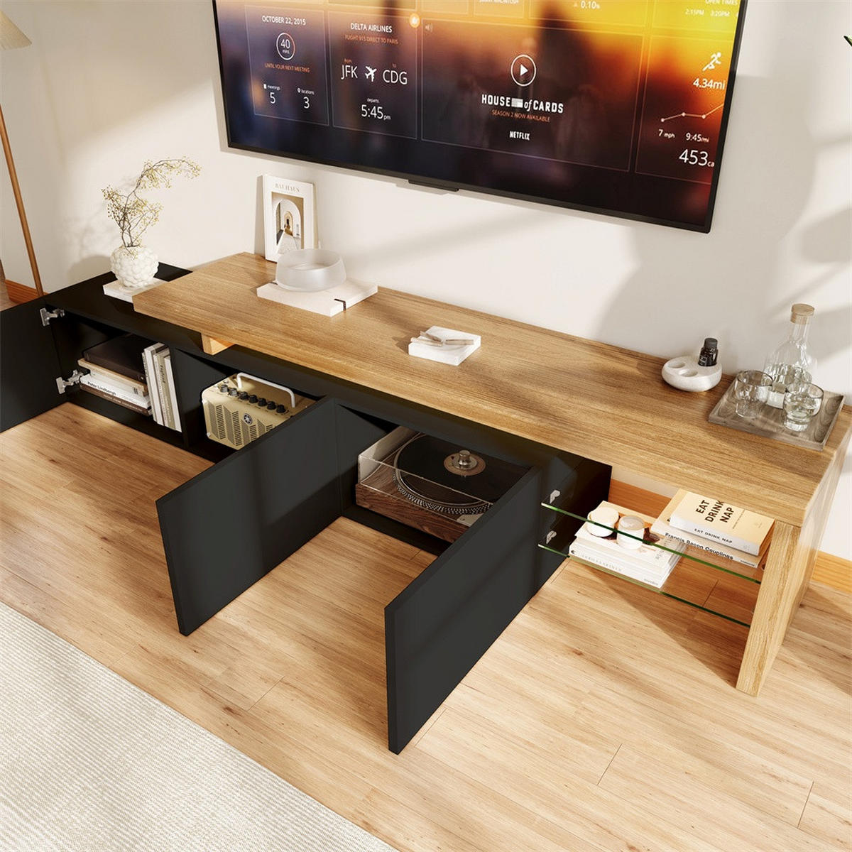 TV-LOWBOARD - TV-Schrank mit LED-Beleuchtung - offenem Glasregal und Stauraum - Schwarz+Natur - Schwarz, Holzwerkstoff (39/42/200cm) - DELFA