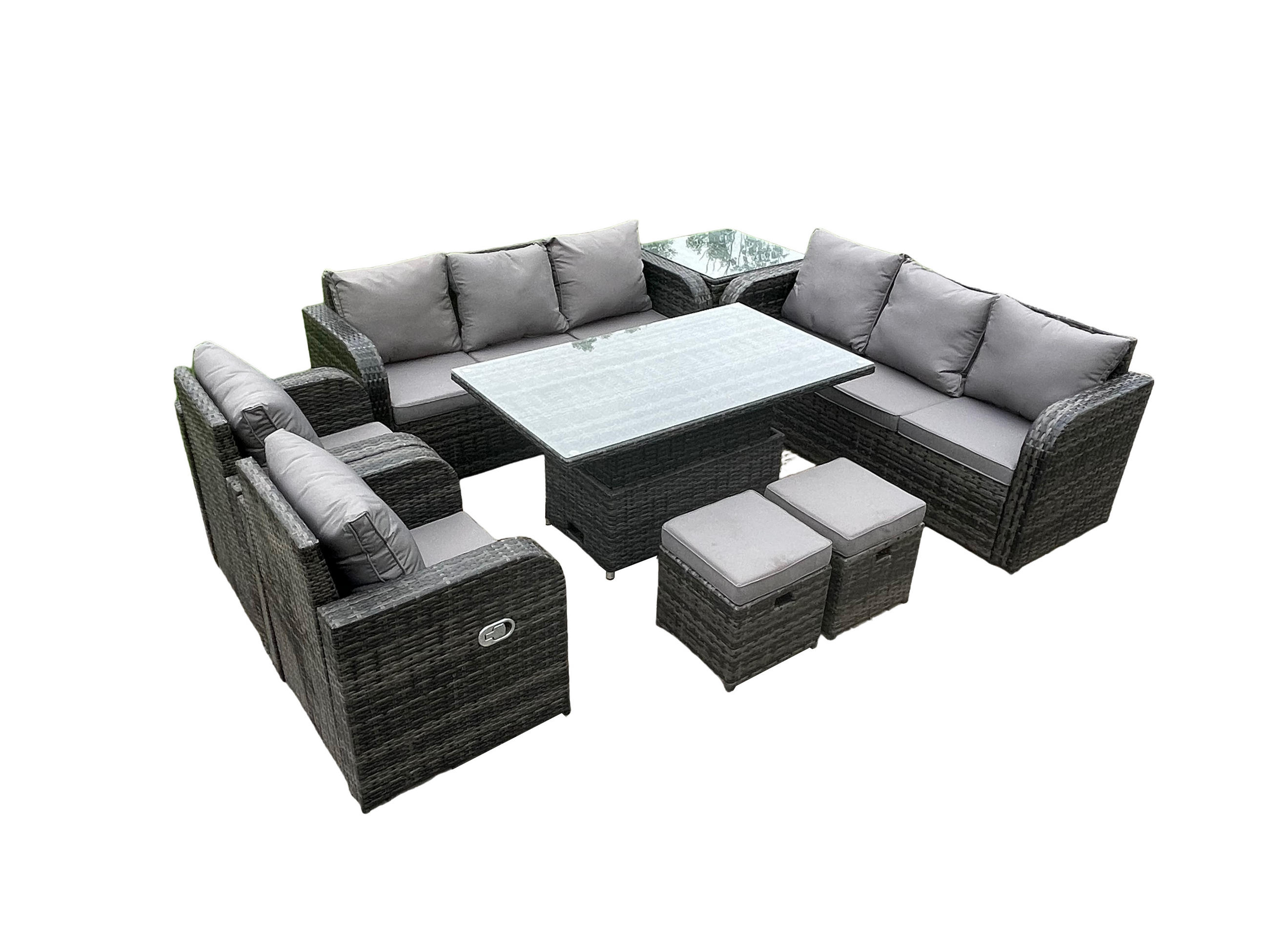 GARTENSET Polyrattan 10-Sitzer - Dunkelgrau/Grau, Glas/Kunststoff - Fimous