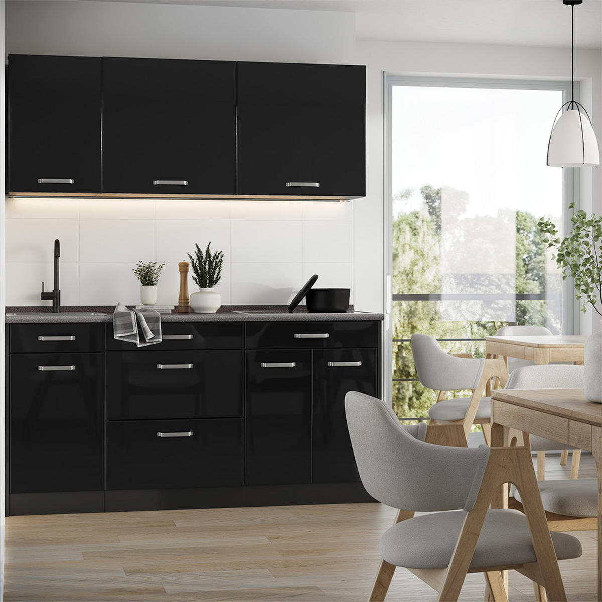 SINGLEKÜCHE R-Line, Schwarz Hochglanz/Anthrazit, 160 cm Arbeitsplatte Anthrazit - Schwarz Hochglanz/Anthrazit, Holzwerkstoff (160/81.6/60cm) - Vicco