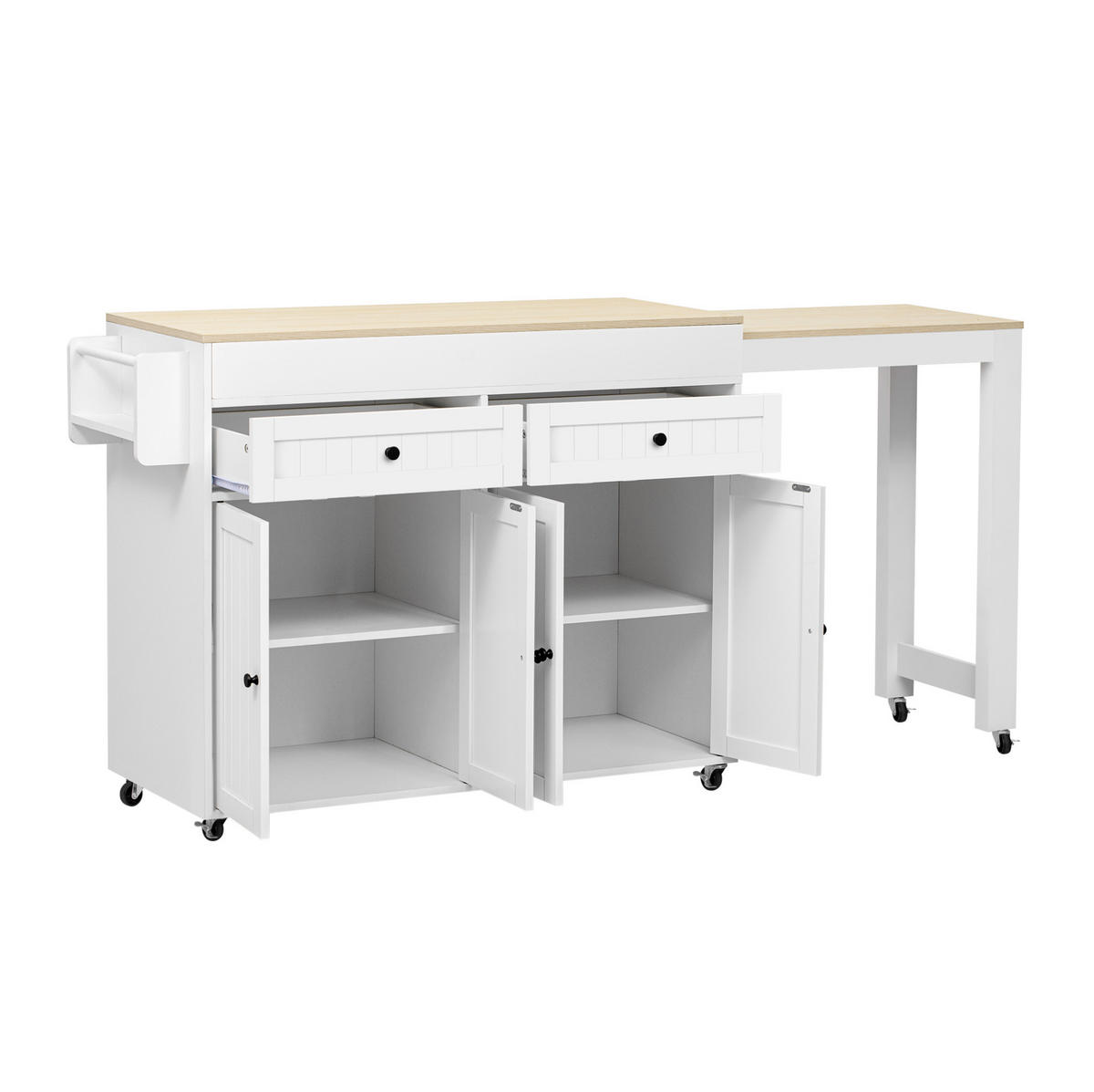 KUCHYŇSKÝ ostrůvek 112-180,5/45/92,2 cm s výsuvnou pracovní deskou, zásuvkami a kolečky, bílá/přírodní - bílá, kompozitní dřevo (180.5/92.2/45cm) - Redom