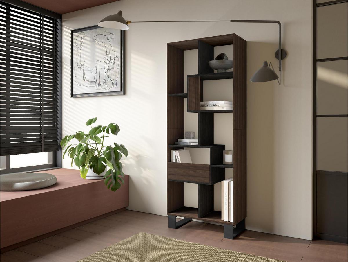 REGAL Bibliothek, Eiche dunkel und Schwarz, 67/31/174cm - Dunkelbraun/Schwarz, Holzwerkstoff (67/174/31cm) - Skraut Home