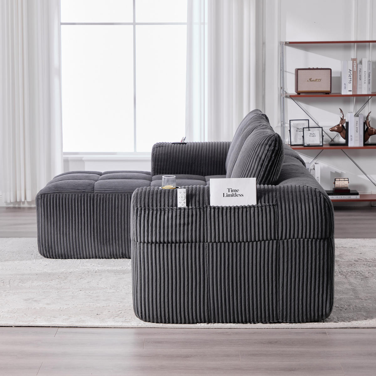 KOMPAKTSOFA Cord mit Modulsystem und Becherhalter 253/158/61 cm Dunkelgrau - Dunkelgrau, Textil (158/253cm) - Redom