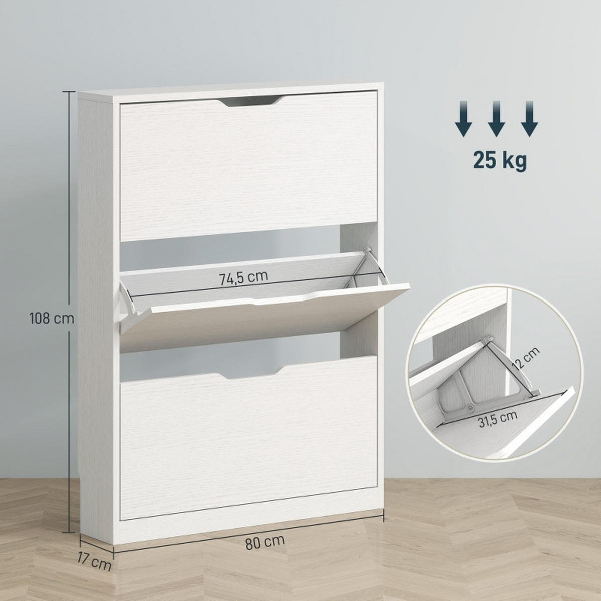 SCHUHKIPPER DE-38022 80/17/108 cm mit 3 Klappfächern Weiß - Weiß, Holzwerkstoff (80/108/17cm) - ComfortXL