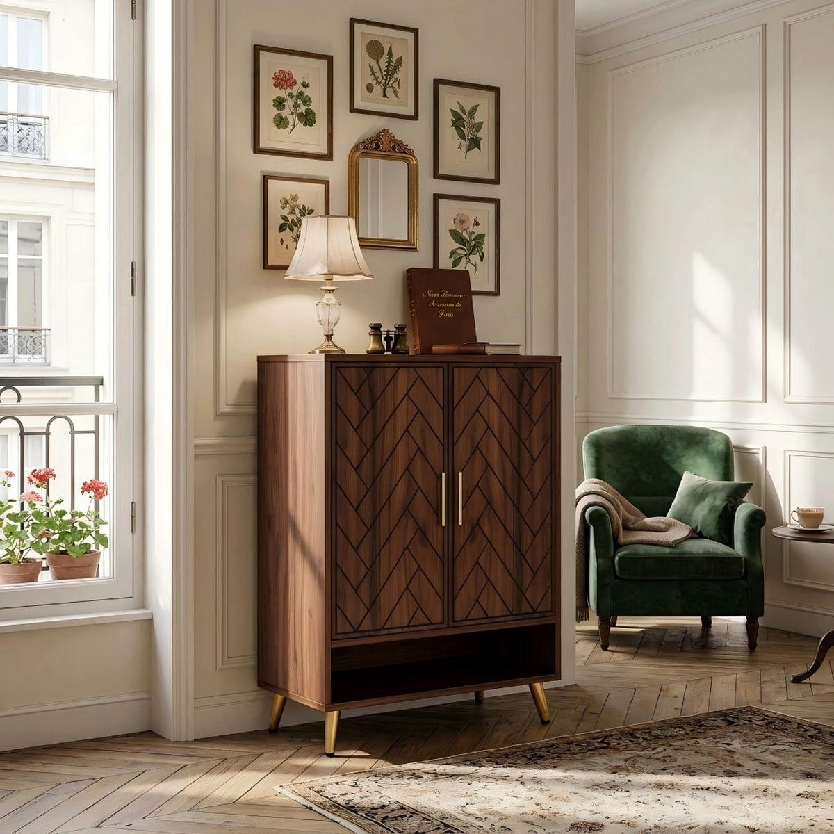 SCHUHSCHRANK mit 7 Ebenen, Chevron-Muster, Nussbaumoptik - Walnussfarben, Holzwerkstoff (75/110/35cm) - Urban Meuble