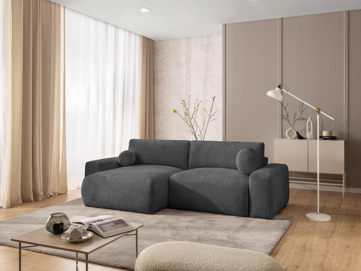 ECKSOFA Puffy mit Schlaffunktion und Bettkasten - besonders weich und puffig aus Grau Chenille-Stoff - Ottomane links - Schwarz/Grau, Holz/Kunststoff (138/266cm) - S-Style Möbel