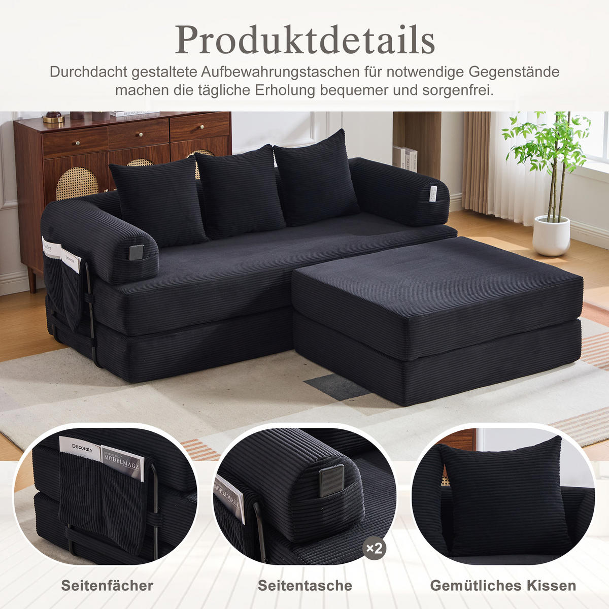 ECKSOFA Cord Schwarz mit Seitentasche und 3 Kissen - Schwarz, Textil/Metall (218/285cm) - WISHDOR