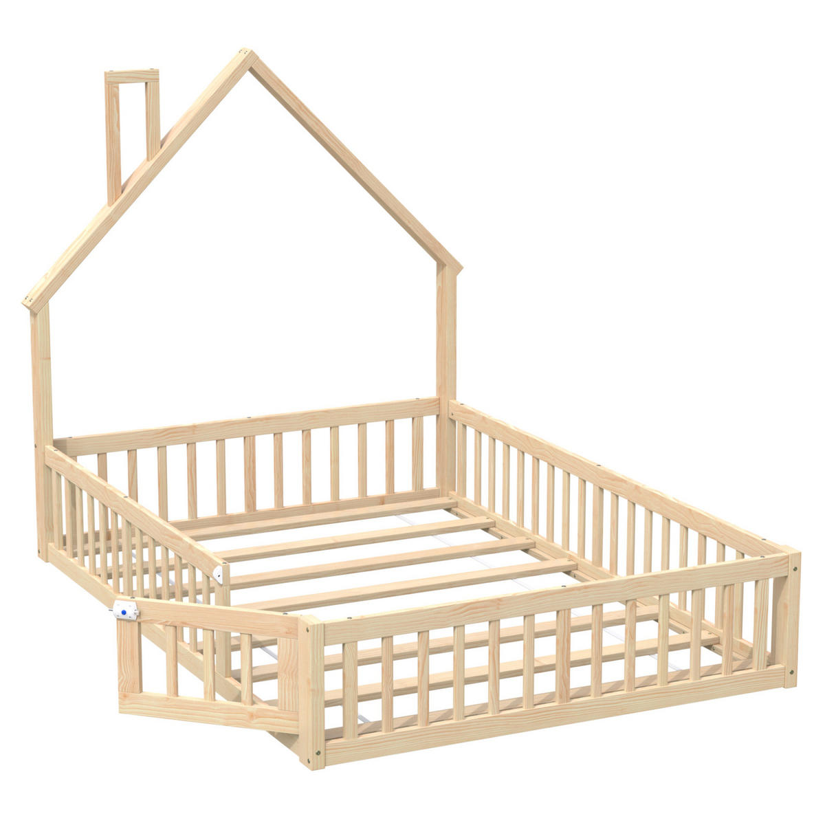 POSTELJA v obliki hiše 140/190 cm naravna iz bora in MDF z varovalno ograjo in letvenim dnom - naravne barve, leseni material (140/190cm) - OKWISH