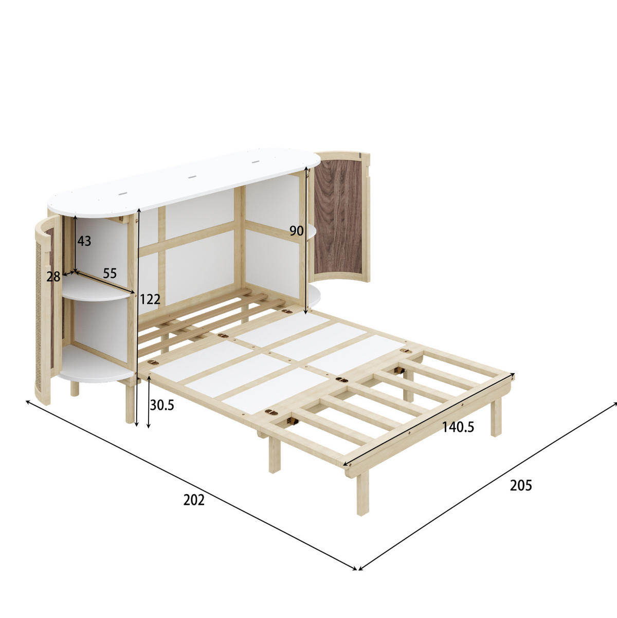 KREVET na sklapanje 140/200 cm s ratan dizajnom, bočnim spremištem i uštedom prostora, Prirodna boja drva - prirodne boje, drvni materijal (140/200cm) - Redom