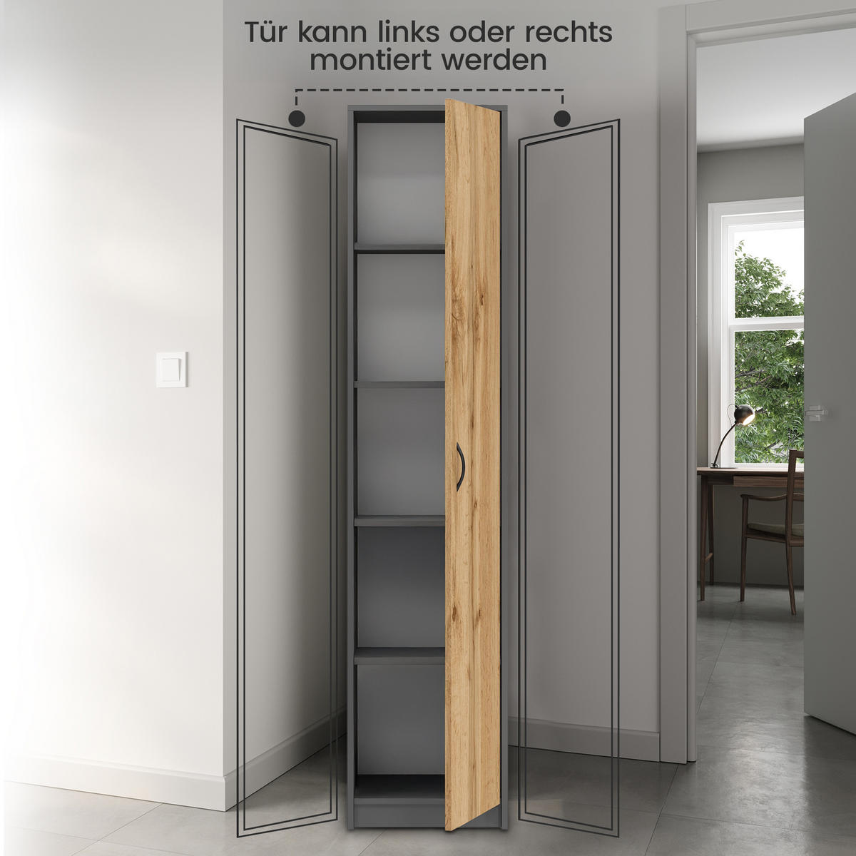 MEHRZWECKSCHRANK mit 4 Einlegeböden 50 cm Breite in graphit-eiche - Eichefarben/Graphitfarben, Holzwerkstoff (50/180/35cm) - Home Collective