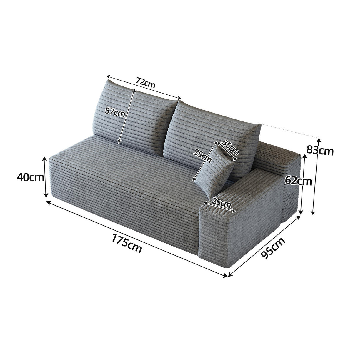 SOFAELEMENT DE-34752 rechte mit Cordbezug Grau - Grau, Textil (95/83/175cm) - ComfortXL