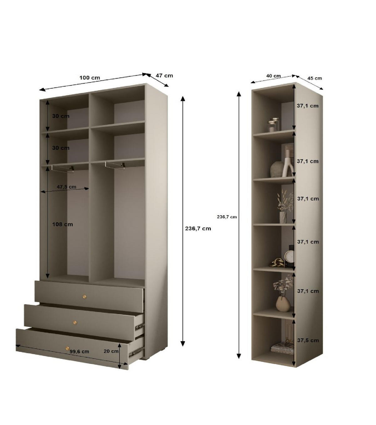 GARDEROBEN-SET 236,7/290/47 - Schwarz/Weiß, Holz/Kunststoff (290/236.7/47cm) - Abiks Möbel