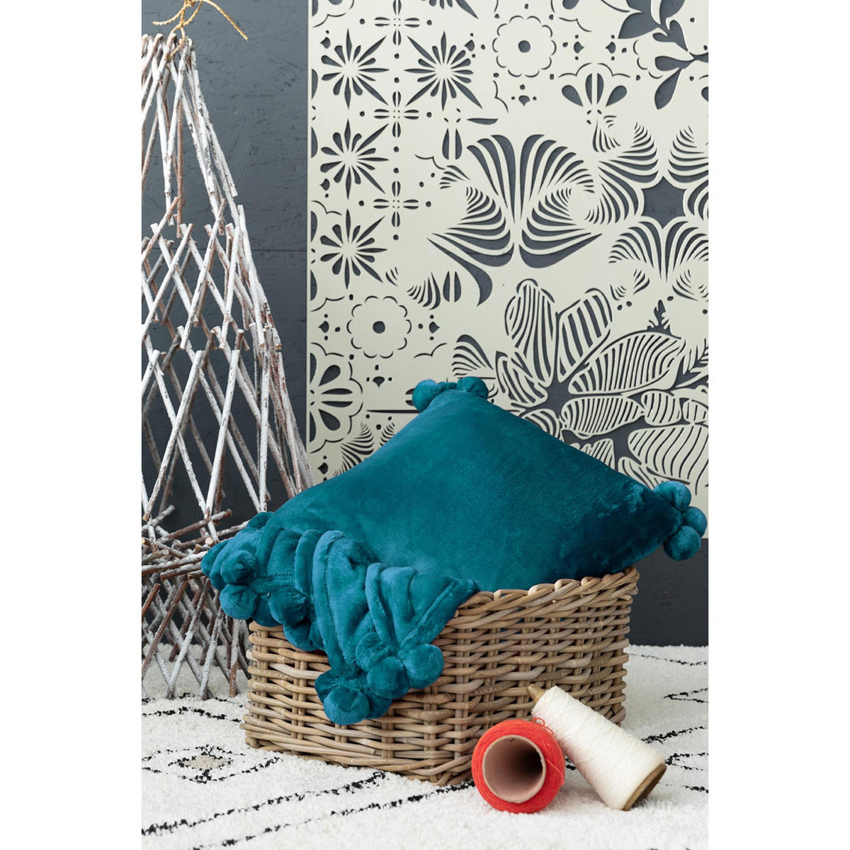 KISSEN Tender Pompons pfau 45 x 45 cm - Blau, Textil (45/45cm) - Vivaraise