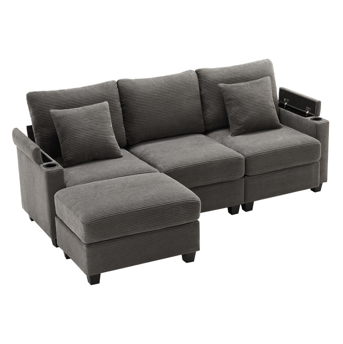 ECKSOFA 213,5/139/87 cm dunkelgrau aus Cord mit Hocker und USB - Dunkelgrau, Textil (139/213.5cm) - OKWISH