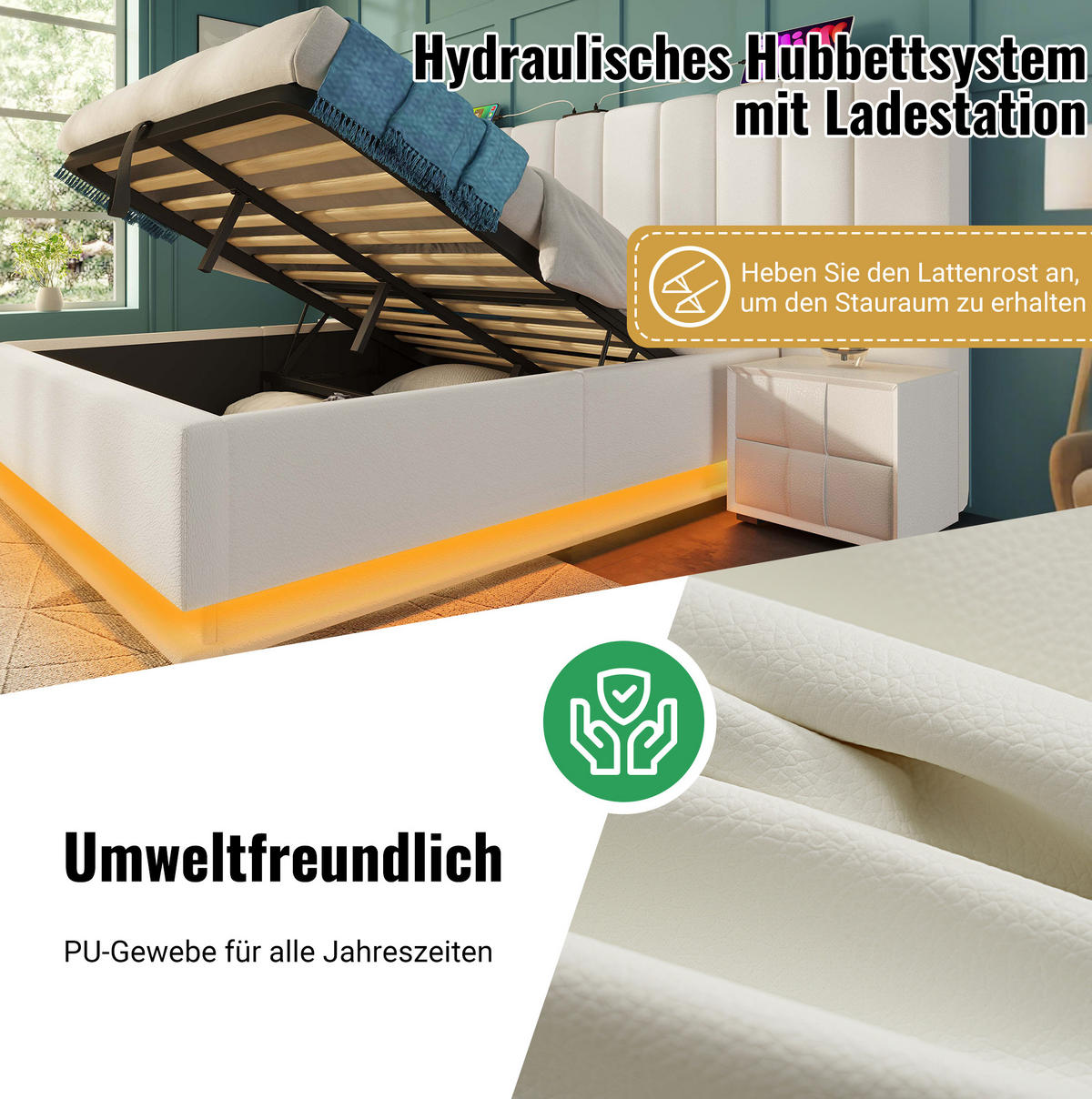 POLSTERBETT aus PU 180x200 cm Weiß mit Bettkasten, LED-Beleuchtung und USB-C-Anschluss - Weiß, Leder (180/200cm) - IVMEU