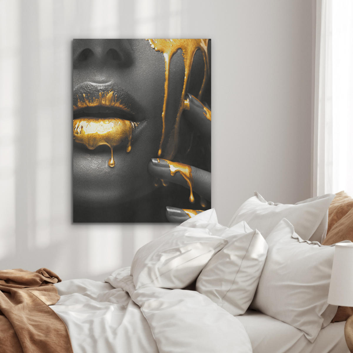AKUSTIKPANEEL Frau - Schwarz - Gold - Gesicht - Lippen 60x80 cm - Goldfarben, Textil (60/0.9/80cm) - MuchoWow