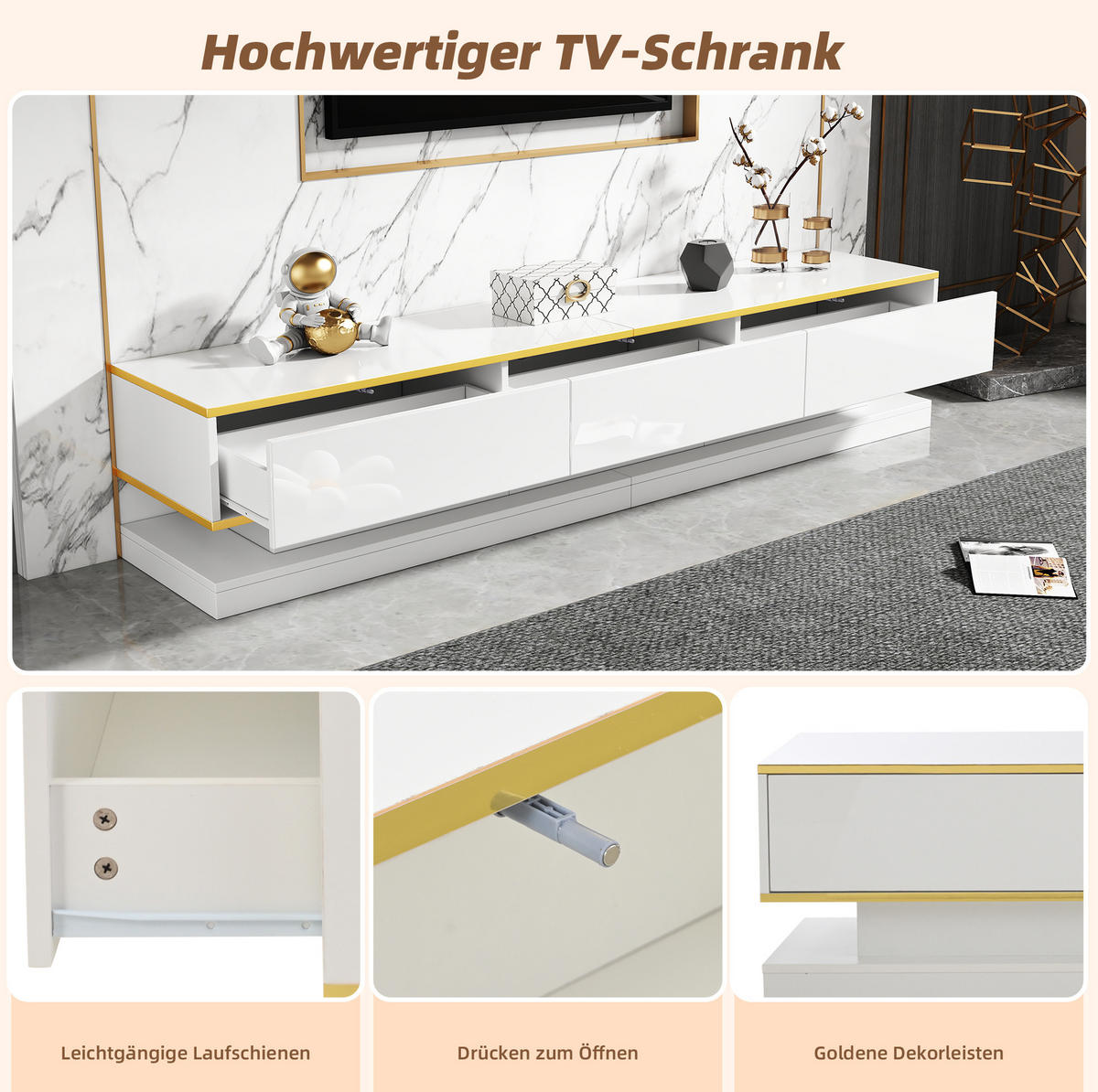 TV-SCHRANK- und Couchtisch-Set aus Spanplatte 200x40x40 cm & 100x50x38 cm Warmweiß mit Schubladen und Hochglanzoberfläche - Weiß, Holzwerkstoff (200/40/40cm) - Modfu