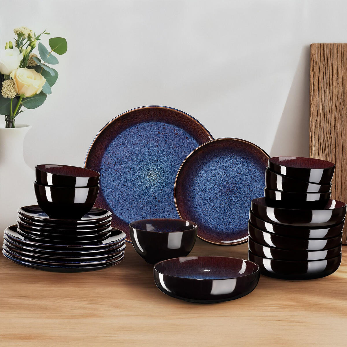 TAFELSERVICE Mare, ineinander stapelbar, blau/braun - Blau, Keramik (26.5/2.5/26.5cm) - tectake