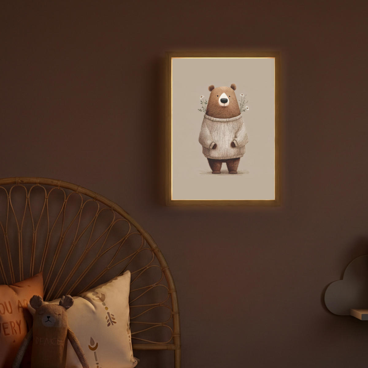 NACHTTISCHLAMPE MIT AKKU Bär - Weiße Blumen - Gemütlich 30x40 cm - Taupe, Holzwerkstoff (8/30/40cm) - OnlyWow